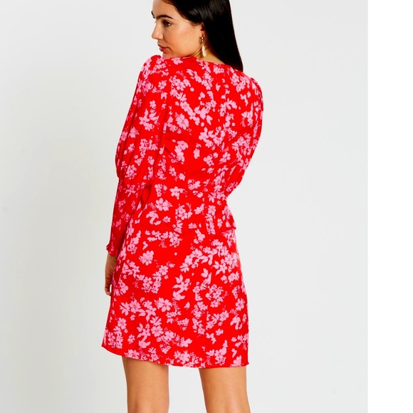 Never Fully Dressed Delores Dress 10 Red Pink Floral ruched bishop sleeves $103 - Picture 6 of 16